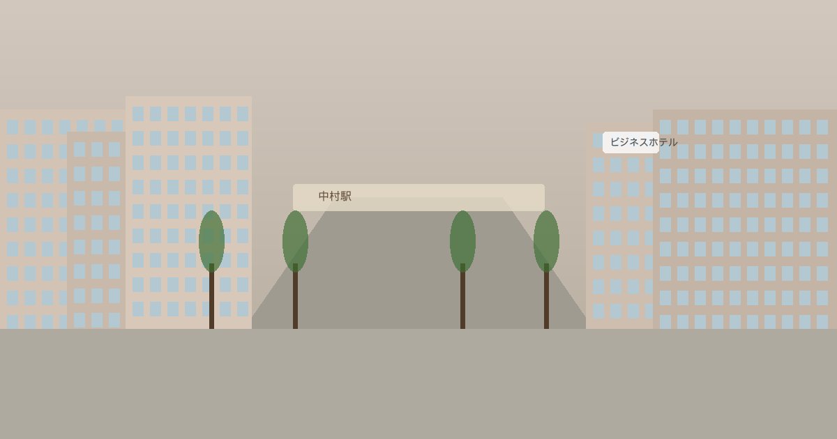 中村駅周辺の静かな街並みと宿のイメージ（AIイメージ画像）