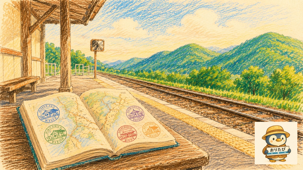 駅プラットフォームと地図帳のクレヨン調イラスト