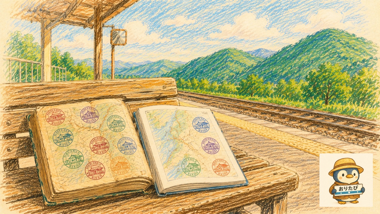 2冊の地図帳とスタンプ転記のクレヨン調イラスト