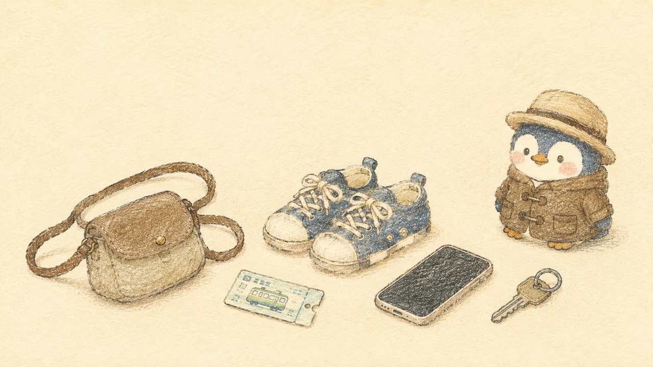 クレヨン調イラスト。旅の最小限の持ち物（小さなバッグ・スニーカー・電車のきっぷ・スマホ・鍵）と、麦わら帽子に茶色コートのかさこそペンギン