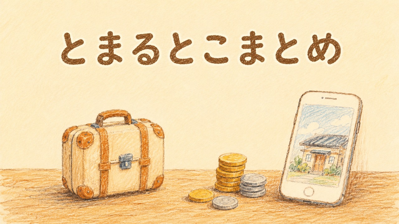 旅の荷物とコインとスマホに宿が映るイラスト「とまるとこまとめ」