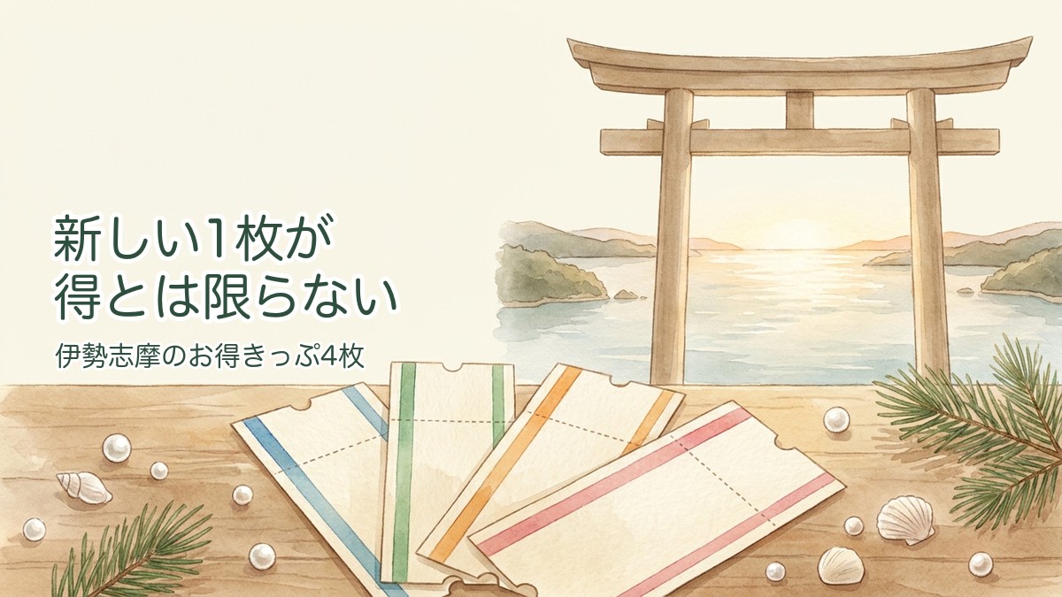 伊勢志摩のお得きっぷ4枚を比較する水彩イラスト（伊勢の白木の鳥居と内海、真珠）