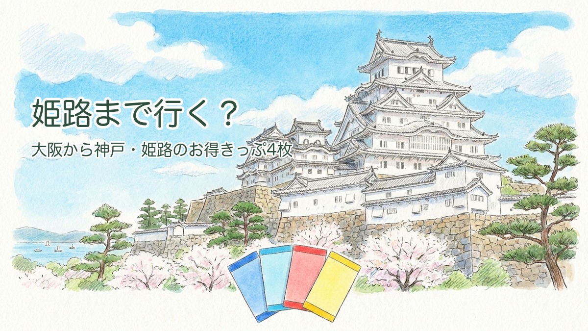 大阪から神戸・姫路のお得きっぷ4枚のアイキャッチ（姫路城と瀬戸内の海）