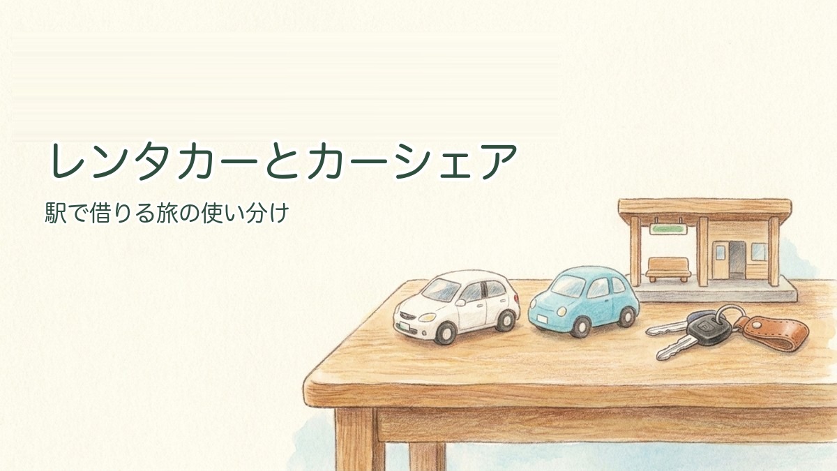 レンタカーとカーシェアの使い分けのアイキャッチ（駅前と2台の車）