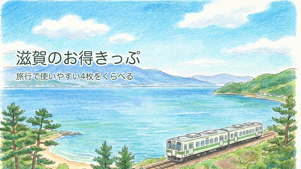 滋賀のお得きっぷ4選のアイキャッチ（琵琶湖の湖畔とローカル線）