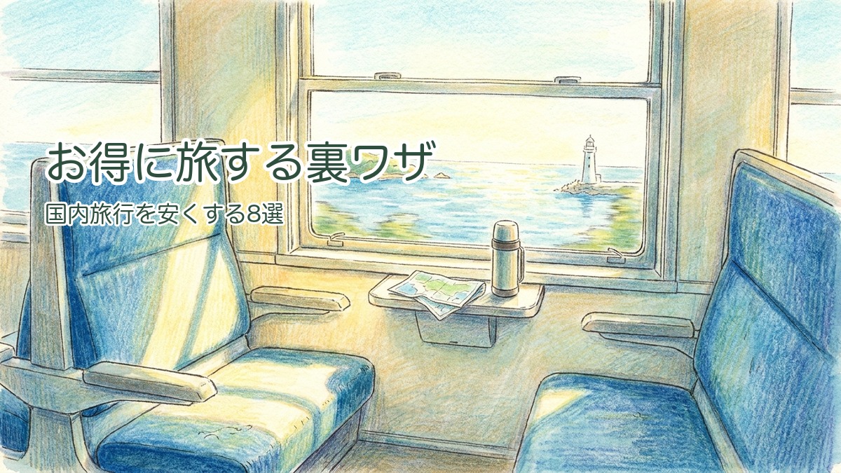 旅行を安く行く方法のアイキャッチ（電車の車窓から見た海と灯台）
