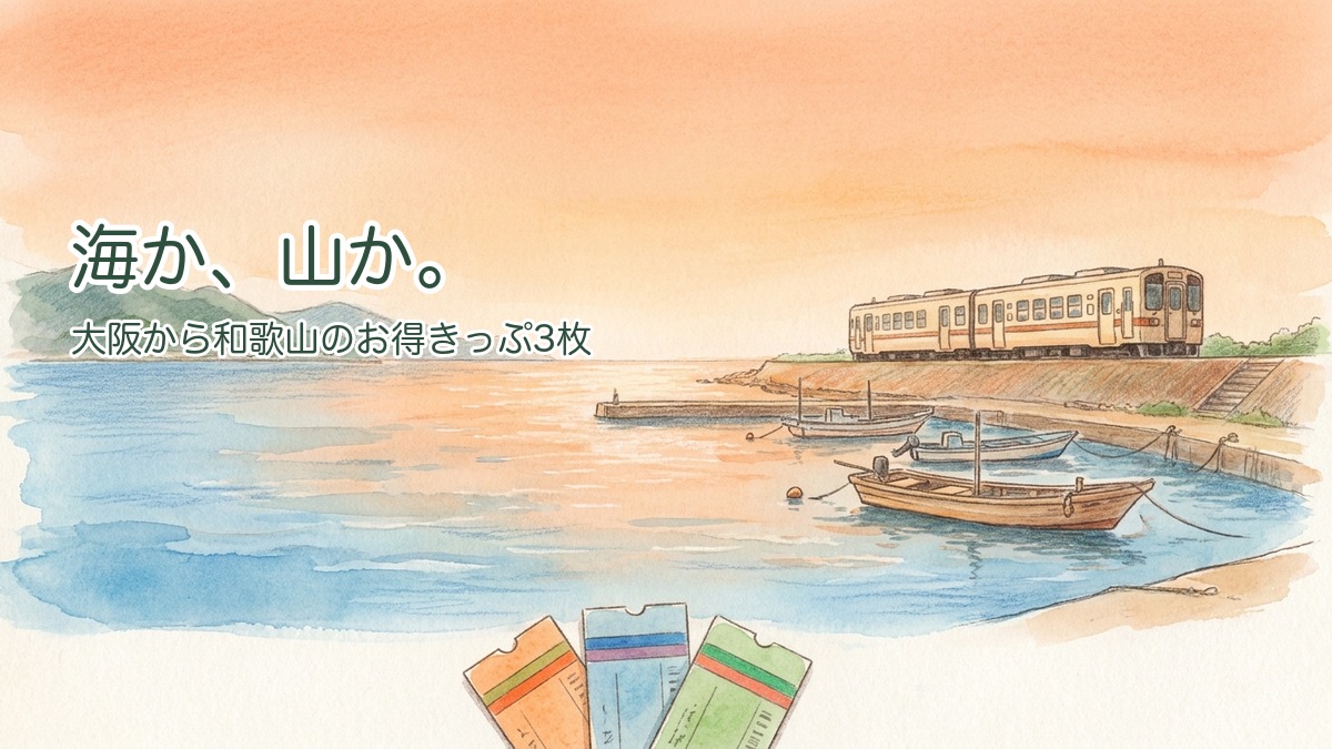 大阪から和歌山のお得きっぷ3枚のアイキャッチ（加太の夕暮れの海とローカル線）
