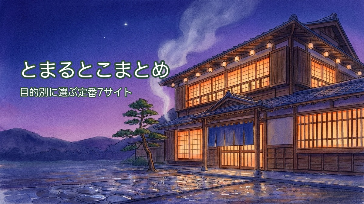 宿予約サイト比較のアイキャッチ（夕暮れの温泉宿と障子の灯り）