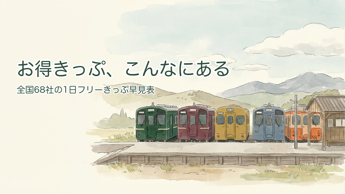いろいろな色のローカル電車が小さなホームに並んでいるイラスト