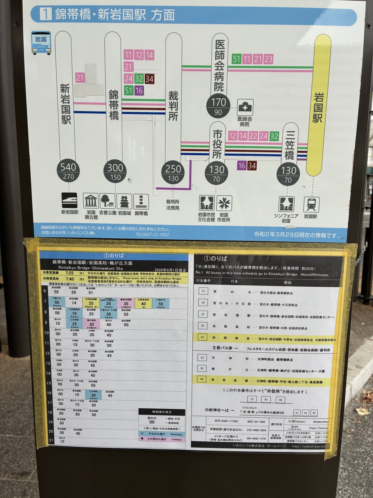 岩国駅1番のりばの案内板(錦帯橋まで300円・約20分)