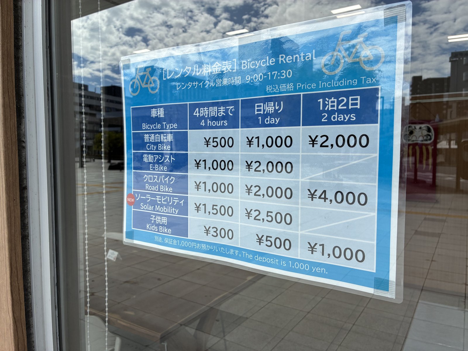 三原駅のレンタサイクルの料金表