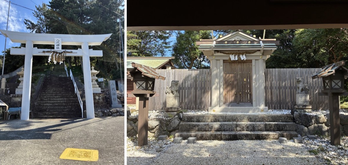 八代神社の白い鳥居と社殿