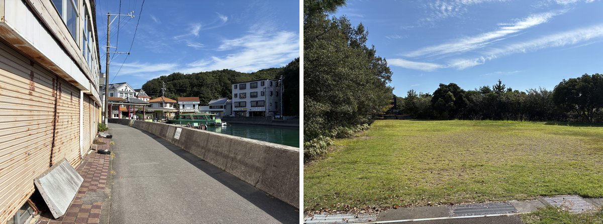 賢島の乗り場の近くの海沿いの道と、芝生が広がる公園