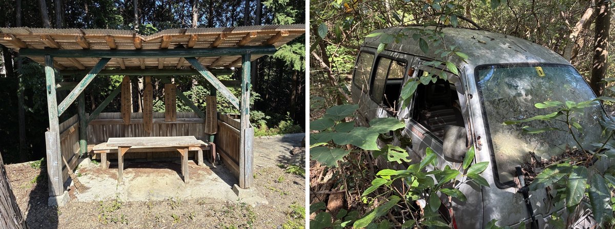 間崎島の道沿いにある屋根つきの休憩所と、草木に埋もれた古い車