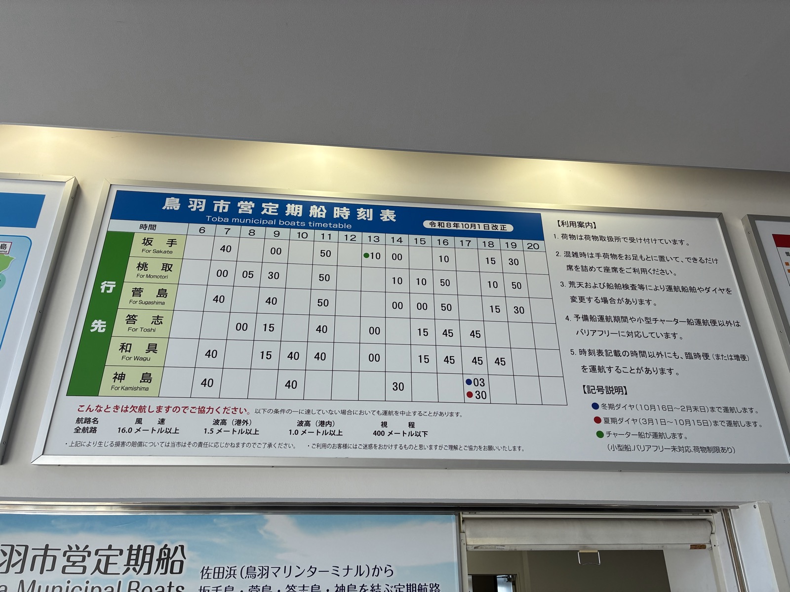 鳥羽マリンターミナルに貼られた市営定期船の時刻表