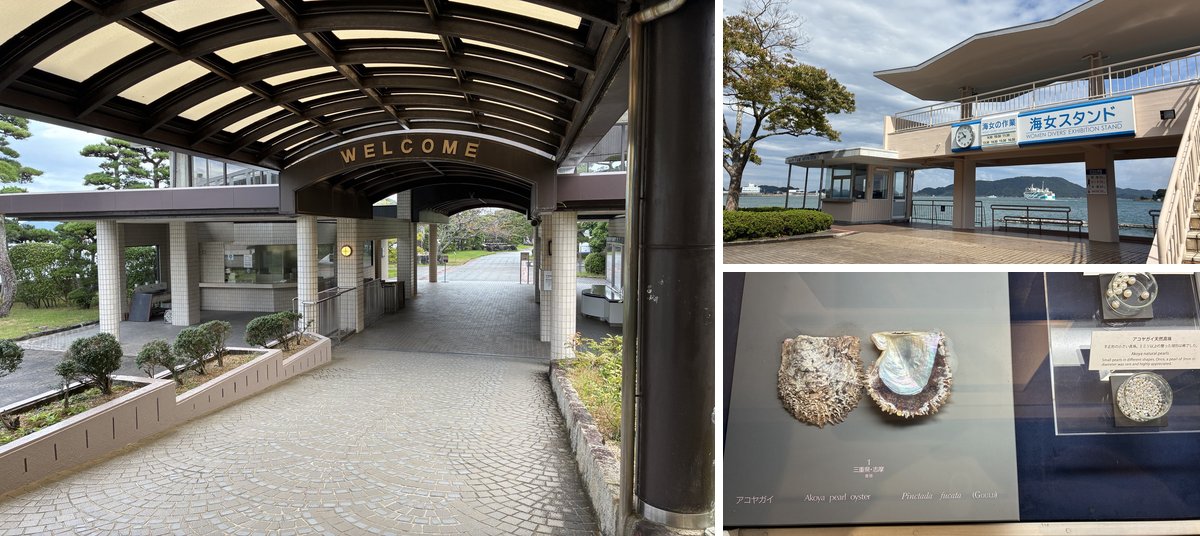ミキモト真珠島の入口・海女スタンド・アコヤガイの展示
