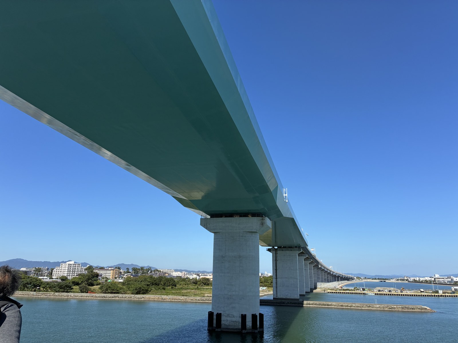徳島港に入る船から見た、頭の上をまたぐ橋