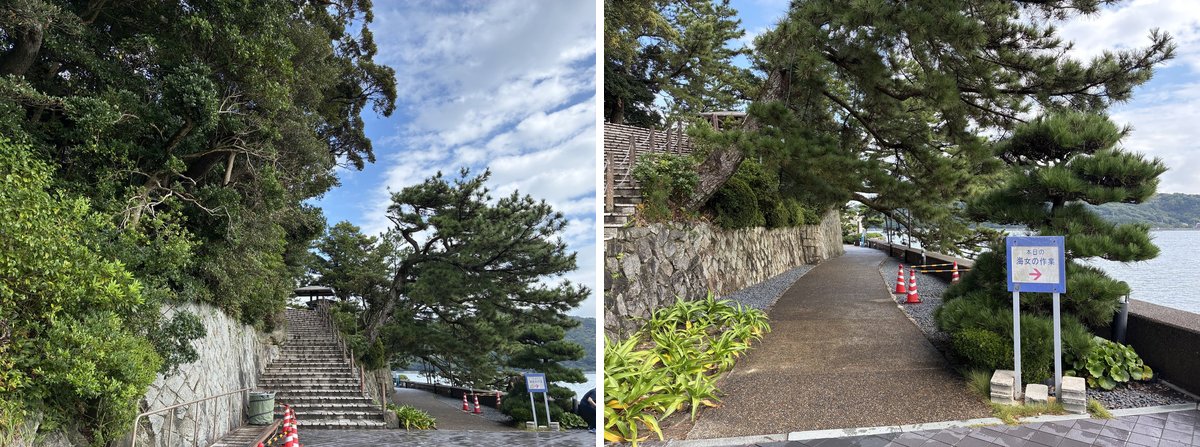ミキモト真珠島の中の石段と、「海女の作業」の案内が立つ海沿いの道