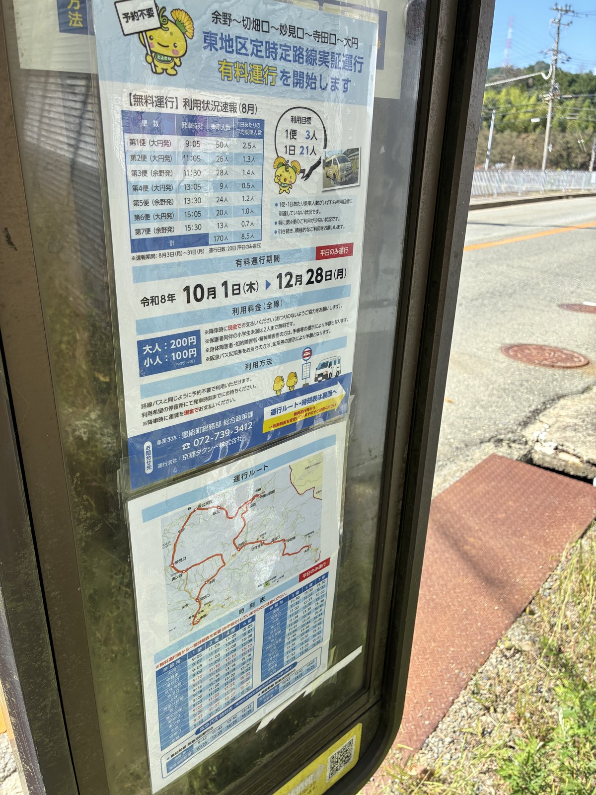 妙見口の停留所に貼られた、平日の乗合車(東地区定時定路線)の案内